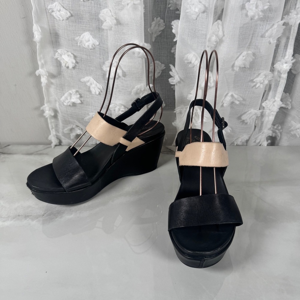 Kork-Ease Platform Wedges Sandals Black‎ Cream Leather Ankle Strap Comfort 9M